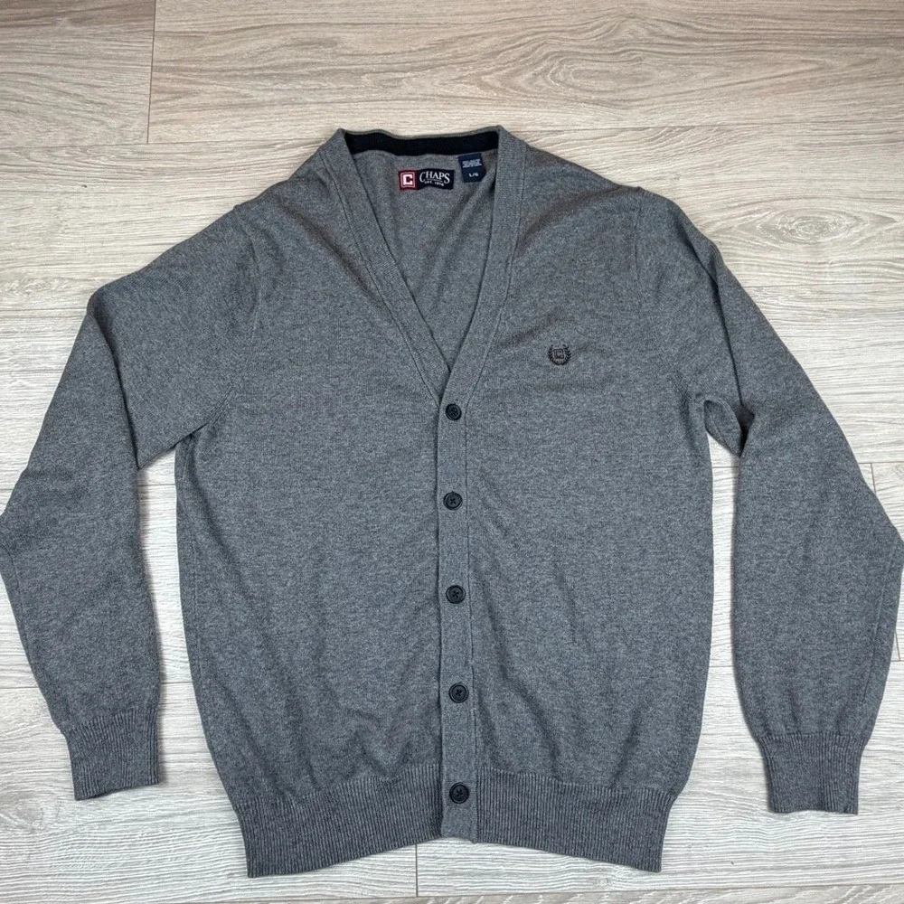 Vintage Chaps Men's Gray Cardigan Sweater Size Large V-Neck Cosby Carlton Banks‎